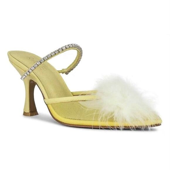 NEW RAYE Duke Heel Mesh Feather pompom Crystal Embellished Strap Pale Yellow 9.5 - Picture 1 of 10